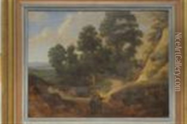 Wooded Landscape With Figures On A Path Oil Painting - Lucas Achtschellinck
