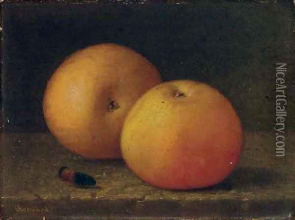 Two Apples and a Caterpillar Oil Painting - John E. Grouard