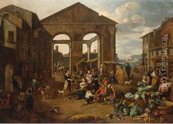 An Italianate Market Scene With Remnants Of A Roman Temple With A Harbour Beyond Oil Painting - Jan Van Buken