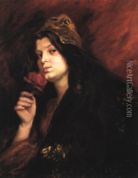 Jeune Femme Orientale A La Rose Oil Painting - Georges Antoine Rochegrosse
