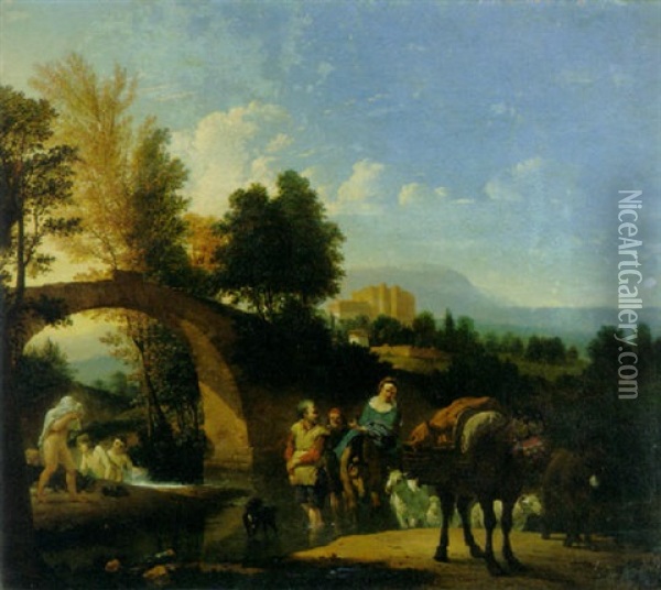 An Italianate Wooded River Landscape With Peasants At A Ford And Bathers By A Bridge, A Castle Beyond Oil Painting - Karel Dujardin
