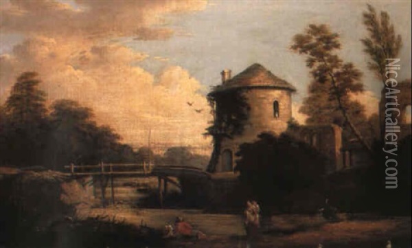 A Dovecote By A Footbridge With Peasants Resting Oil Painting - Nicolas-Jacques Juliard