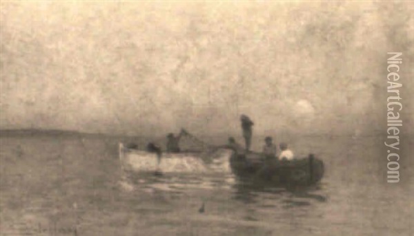Marina Al Tramonto Con Barche Di Pescatori Oil Painting - Luigi Steffani