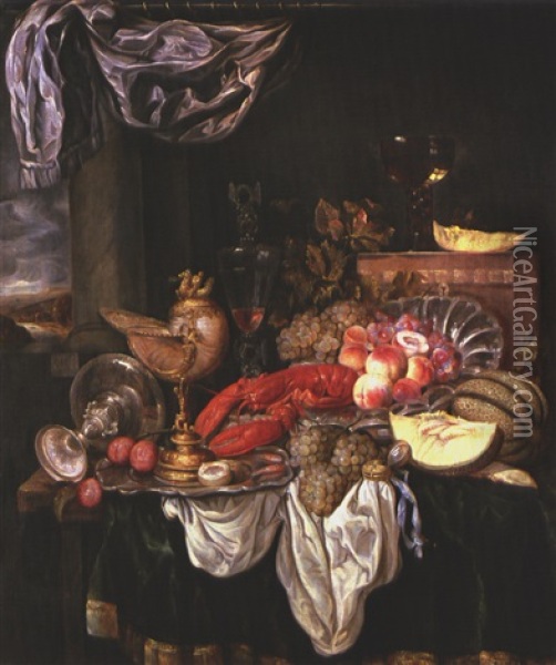 Stillleben Mit Fruchten, Hummer, Pokalen Und Uhr Oil Painting - Abraham van Beyeren