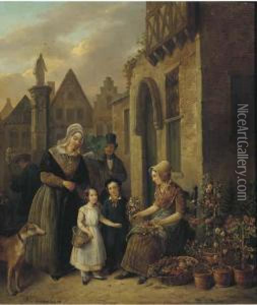 Children Buying Flowers For Mummy Oil Painting - Willem Pouwelsen