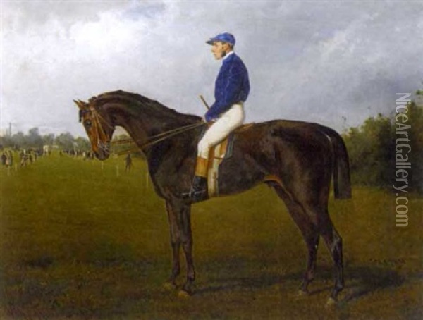 A Race Horse With Jockey Up, With Figures By The Finish Oil Painting - Wilhelm M. Richter