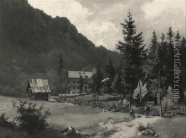 Alpenlandschaft Mit Wiesen Und Bauerngehoft Oil Painting - Ludwig Correggio