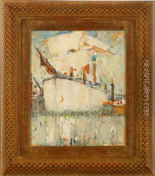 Sail Ship And Tug - L.a. Harbor Oil Painting - Frank Coburn