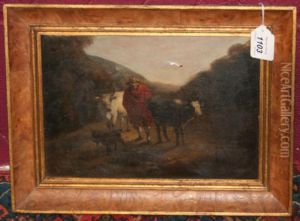 Figure With Two Cattle And A Goat On Countrytrack Oil Painting - Balthasar Paul Ommeganck