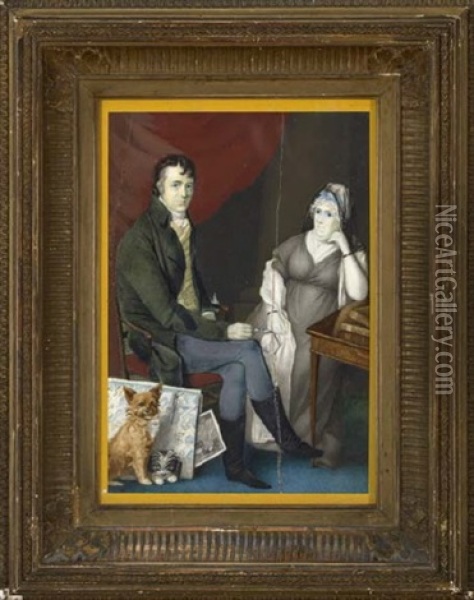 An Artist, His Mother And A Dog Oil Painting - Joshua Cristall
