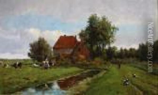 Geiten En Koeien Zonnigpolderlandschap Oil Painting - Willem Vester