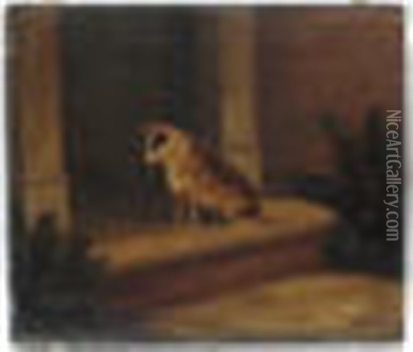 A Brindle Terrier Sat Patiently On Door Step Oil Painting - Samuel John Carter