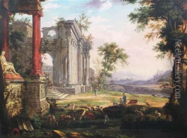 Figures And Classical Ruins In An Italianate Landscape Oil Painting - Claude Lorrain