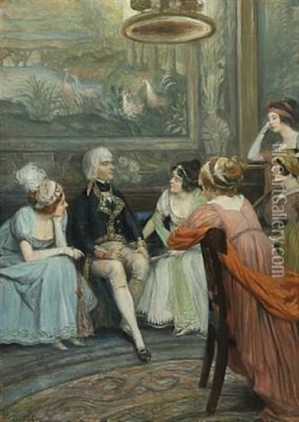Gentleman Surrounded By Beautiful Women Oil Painting - Felicien de Myrbach-Rheinfeld