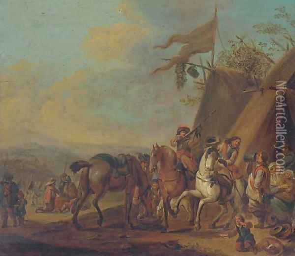 Cavalrymen halting at an encampment Oil Painting - Philips Wouwerman