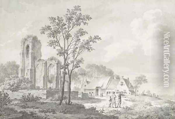 Figures conversing by a farmhouse and a ruin Oil Painting - Barend Cornelis Koekkoek