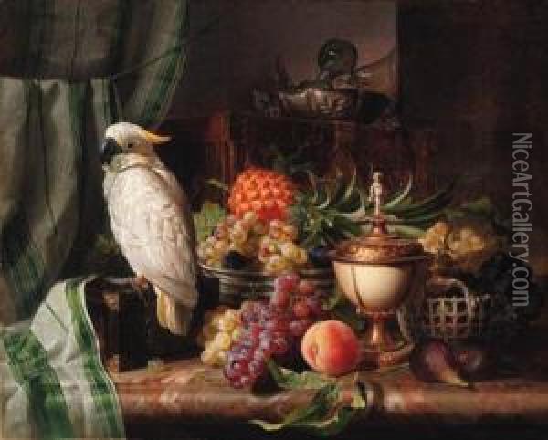 A Cockatoo, Grapes, Figs, Plums,
 A Pineapple, And A Peach Withother Objects On A Marble Ledge Oil Painting - Josef Schuster