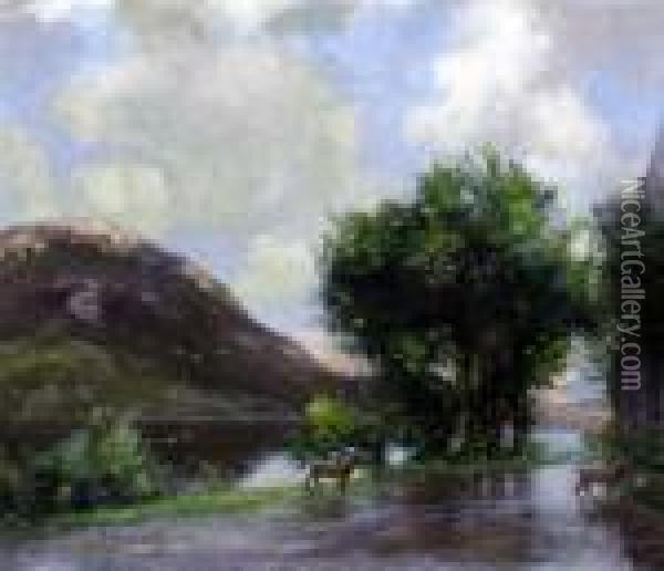 Deer Crossing A Lakeland Path Oil Painting - David Murray
