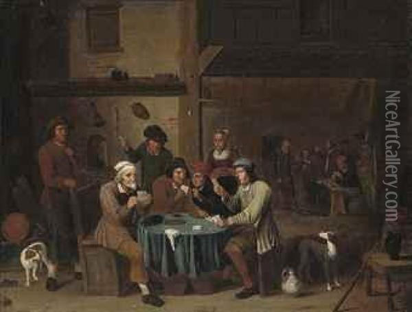 Card Players In An Interior Oil Painting - David The Younger Teniers