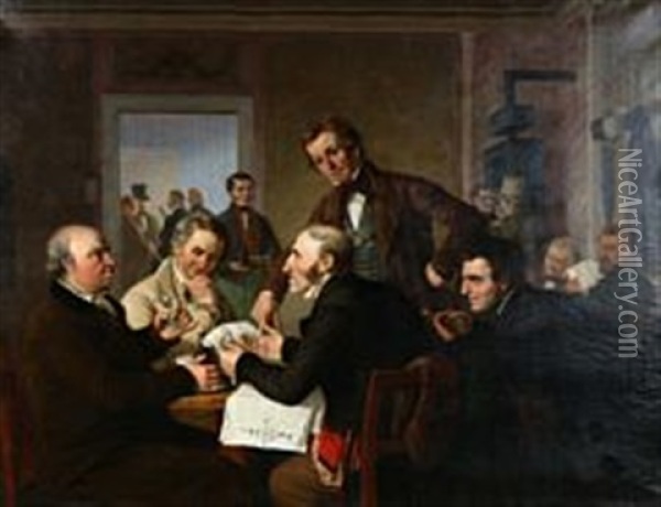 Guests At A Bar Discussing Politics Oil Painting - Peter (Johann P.) Raadsig