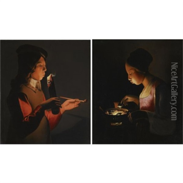 A Young Boy With A Pipe, Blowing On A Firebrand (+ A Young Girl Blowing On A Brazier, Various Sizes; Pair) Oil Painting - Georges de La Tour