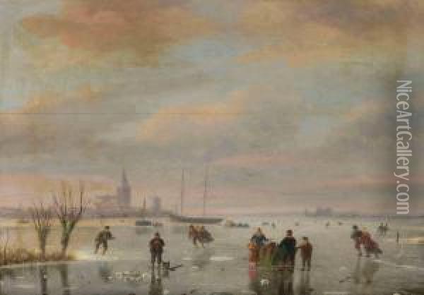 A Winter Landscape With Figures Skating Oil Painting - Nicholas Jan Roosenboom
