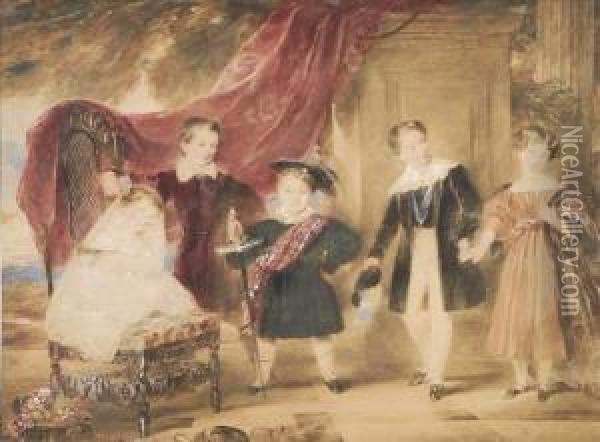 A Group Portraitof Five Children, Traditionally Identified As Queen Victoria'schildren Oil Painting - James Stephanoff