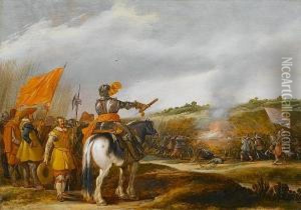 A Mounted General Addressing His Troops, An Infantry Battle Beyond Oil Painting - Esaias Van De Velde