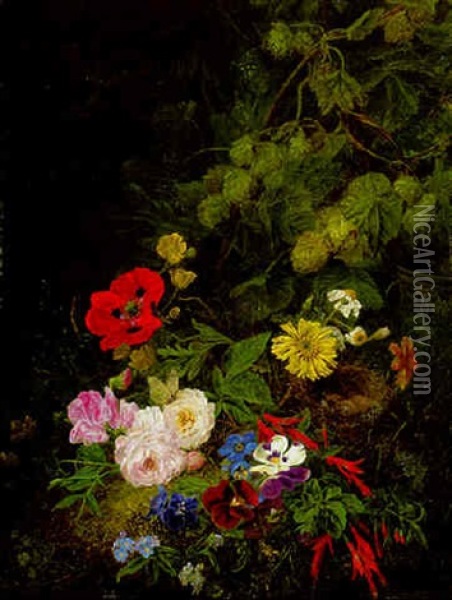 Summer Flowers And A Bird's Nest In A Wood Oil Painting - Henriette Gertrude Knip