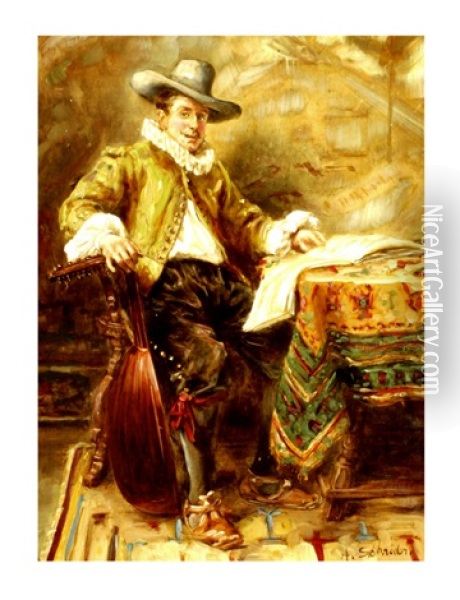Man With A Lute Oil Painting - Albert Friedrich Schroeder