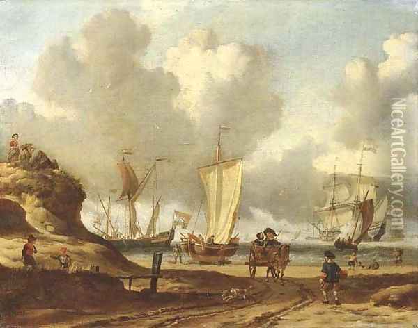 A dune coastal landscape with a couple in a horse-drawn wagon and fishermen on the beach, shipping beyond Oil Painting - Abraham Storck
