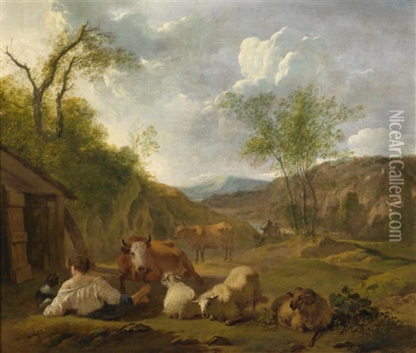 Sudliche Landschaft Mit Rastendem Hirten Und Seiner Herde Oil Painting - Simon van der Does