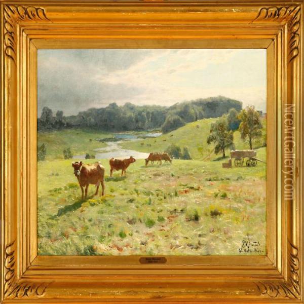 Grazing Cattle At Gl Oil Painting - Peder Mork Monsted