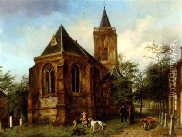 The Church Of Eemnes-buitendijks: Children By The Village Church Oil Painting - Jan Fabius