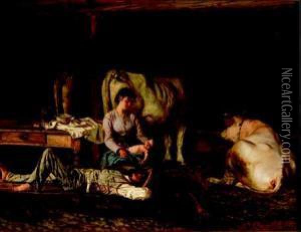 La Famiglia Nella Stalla Oil Painting - Pietro Pajetta