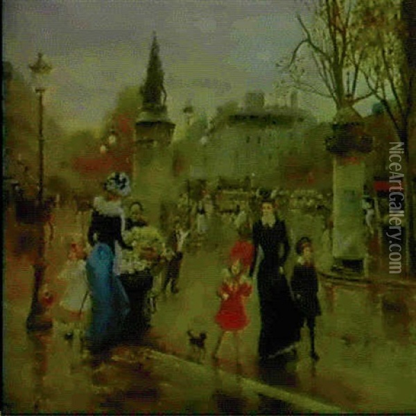 A Busy Square In Paris Oil Painting - Joaquin Pallares Allustante