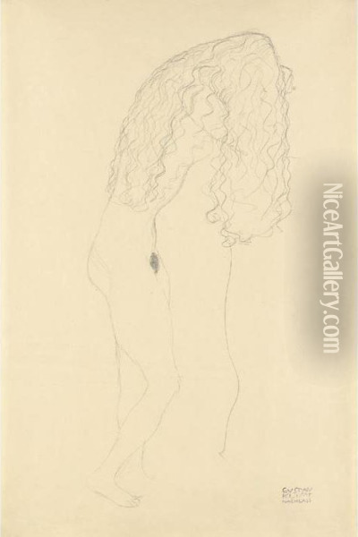 Nach Rechts Aufgestutzt 
Stehender Akt, Das Gesicht Durch Die Haare Verdeckt (standing Nude With 
Her Face Covered By Her Long Hair) Oil Painting - Gustav Klimt