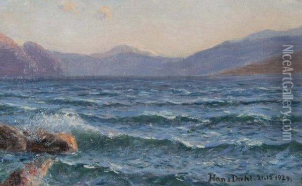 At The Water's Edge With Mountains In The Background Oil Painting - Hans Dahl