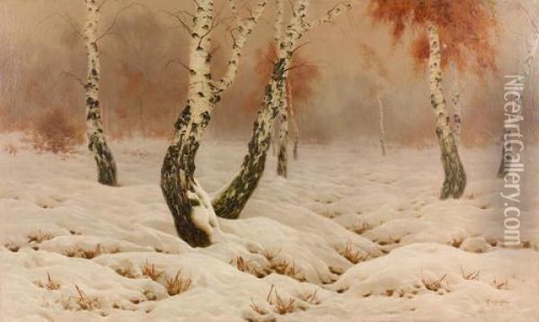 Stimmungsvolle Winterlandschaft Mit Birken. Oil Painting - Jan Grubinski