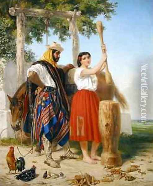 The pounding of the corn; Spanish American Scene Oil Painting - Jean-Leon Palliere