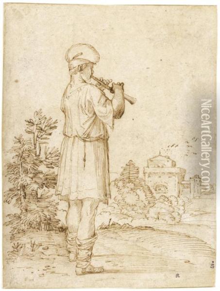 A Man Playing A Pipe In A Landscape Oil Painting - Giovanni Francesco Grimaldi