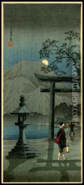 Moon Over Lake Hakone Oil Painting - Hiroaki Shotei
