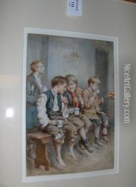 Three Young Boys On A Bench Oil Painting - Joseph Clark