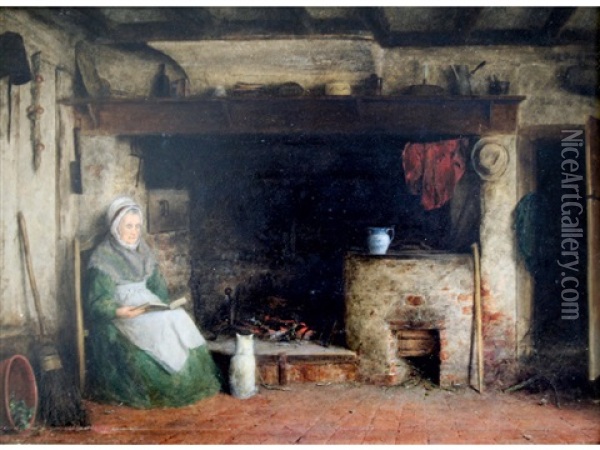 Old Lady Reading By A Fire Oil Painting - Frederick Daniel Hardy
