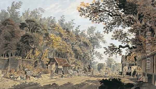 Coach and Four arriving at a Toll Gate London Oil Painting - James Miller