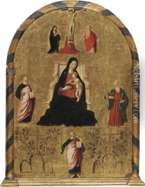 The Madonna And Child Enthroned With The Crucifixion And Saints Peter, Andrew And Paul, Together With The Insignia Of Monte Oliveto Maggiore Oil Painting - Pietro Buono
