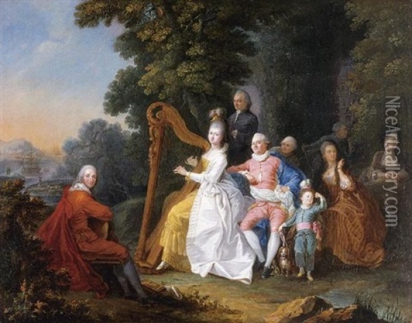 An Elegant Party In The Countryside With A Lady Playing The Harp And A Gentleman Playing The Guitar Oil Painting - Pierre-Michel de Lovinfosse