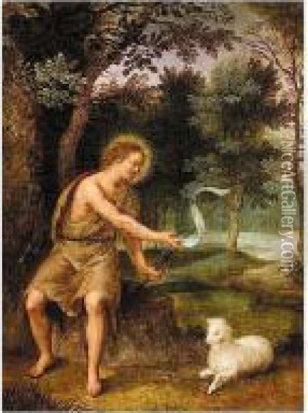Landscape With Saint John The Baptist Oil Painting - Hendrick De Clerck