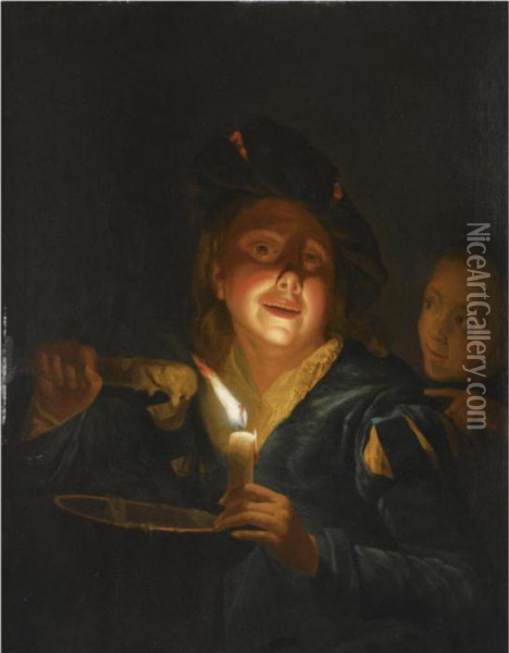 A Young Boy Lighting A Candle Oil Painting - Godfried Schalcken
