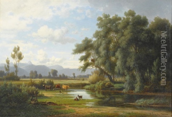 Idyllische Auenlandschaft Bei Traunstein Mit Vieh Oil Painting - Rudolf (Heinrich Albert) Poeppel